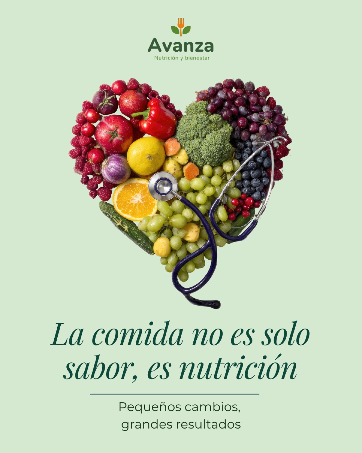 Publicación de Avanza Nutrición con un corazón hecho de frutas y verduras