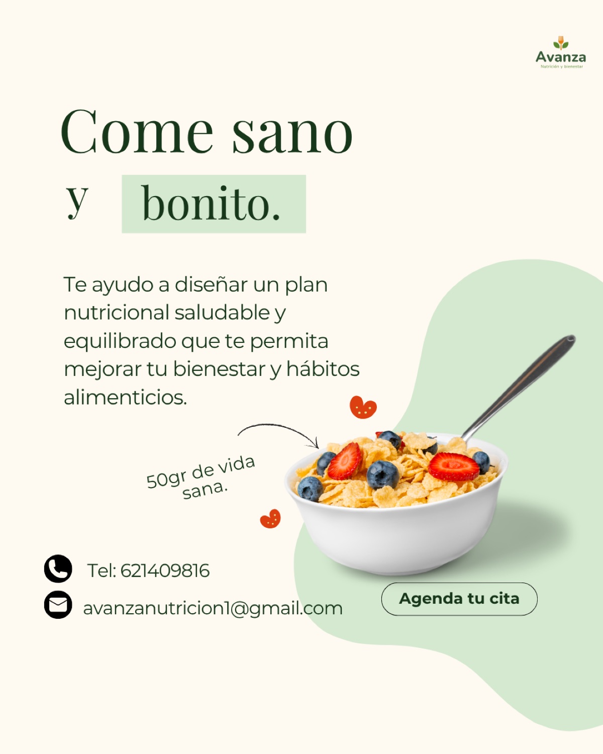 Publicación de Avanza Nutrición con el mensaje 'Come sano y bonito'